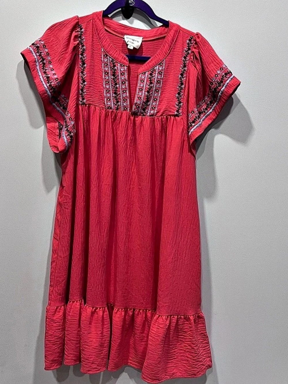 Umgee Embroidered Split Neck Dress Mini Dress Pink Large